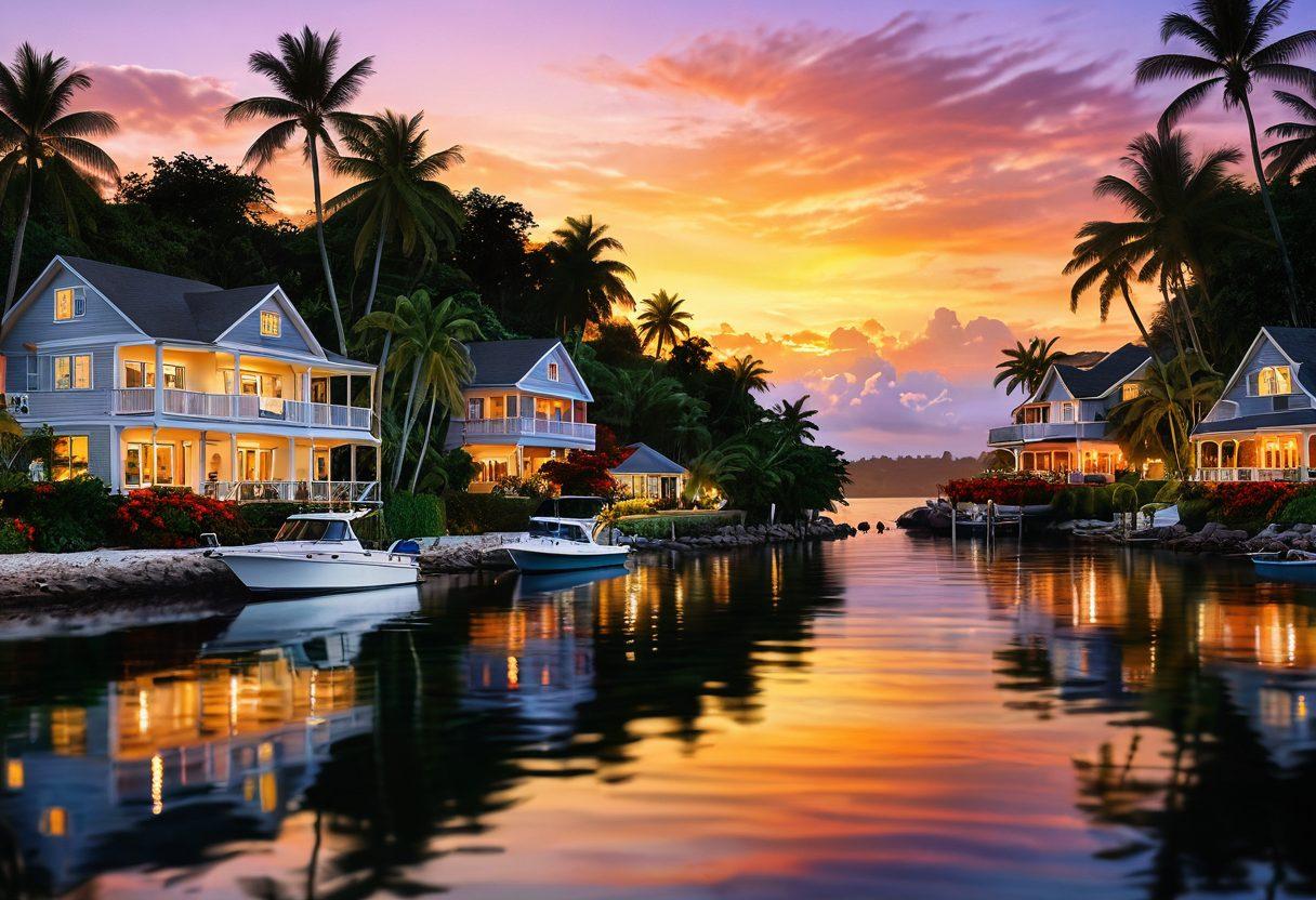 A serene sunset over Anchor Bay showcasing beautifully designed waterfront homes with lush gardens, a gentle wave lapping against the shore, and a person sailing in a small boat. Incorporate elements like palm trees swaying in the breeze and friendly locals giving tips to tourists. The scene should evoke a sense of tranquility and community. super-realistic. vibrant colors. warm lighting.