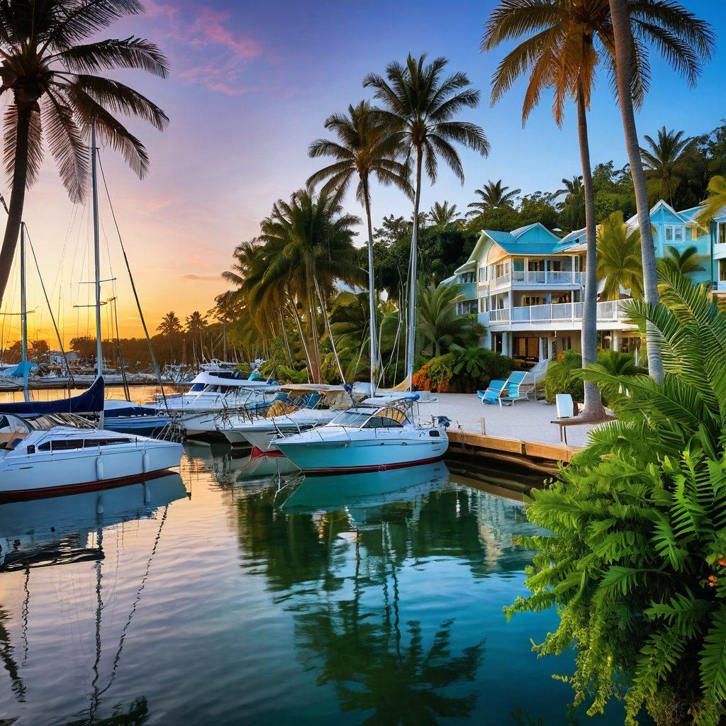 A serene waterfront scene at Anchor Bay, featuring a picturesque marina with colorful sailboats moored peacefully. Lush greenery and palm trees frame the area, while cheerful locals enjoy beach activities under a clear blue sky. Include charming coastal homes with inviting outdoor spaces, and a vibrant sunset casting warm hues over the water. Capture the essence of a relaxed, community-oriented lifestyle. super-realistic. vibrant colors. sunset ambiance.