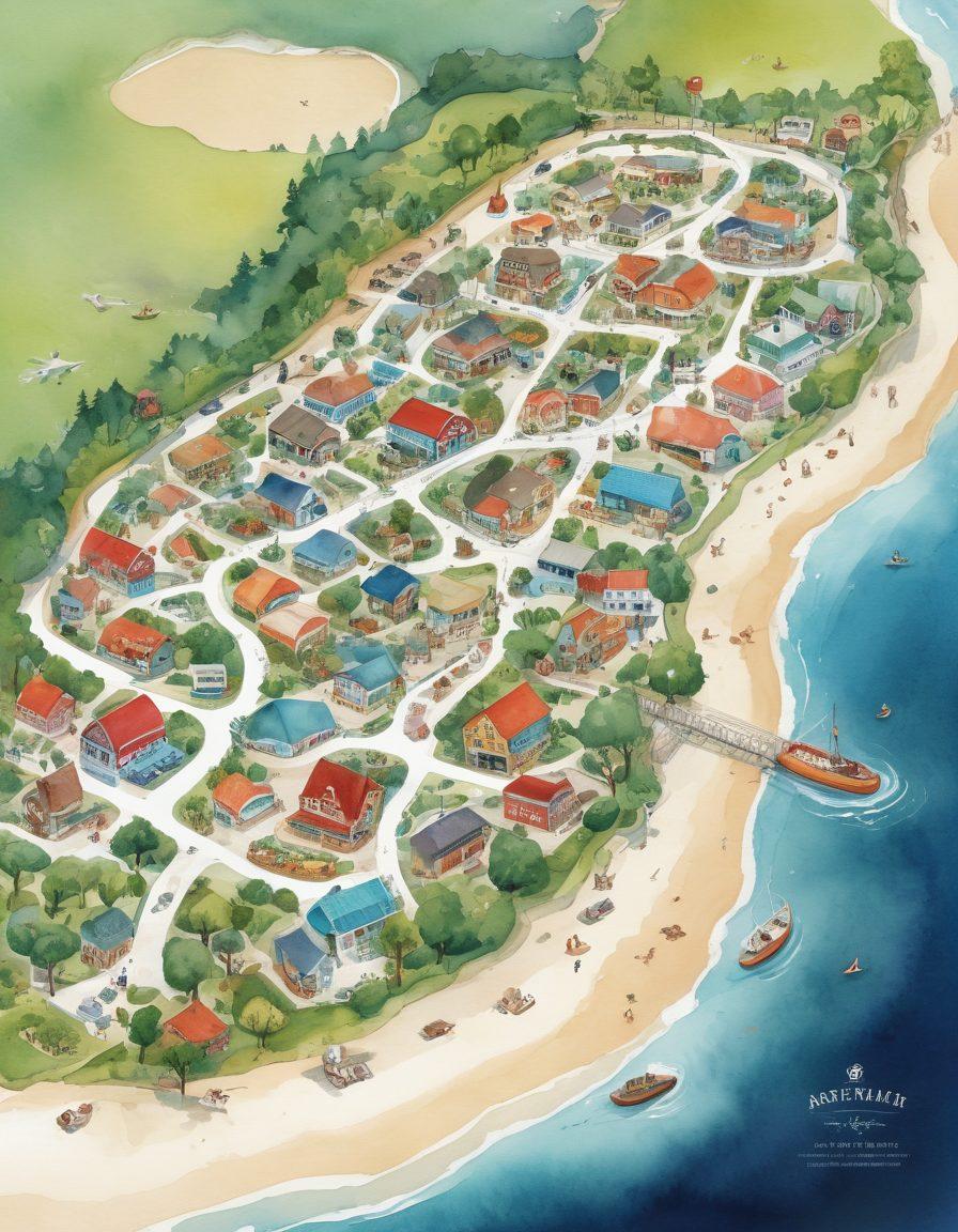 An exploration map adorned with vibrant icons representing local treasures of Anchor Bay, such as artisanal shops, lush parks, and community events, surrounded by friendly locals engaging in cultural activities. Include artistic elements like watercolor effects and dreamy landscapes to evoke a sense of adventure and community spirit. super-realistic. vibrant colors. artistic blend.